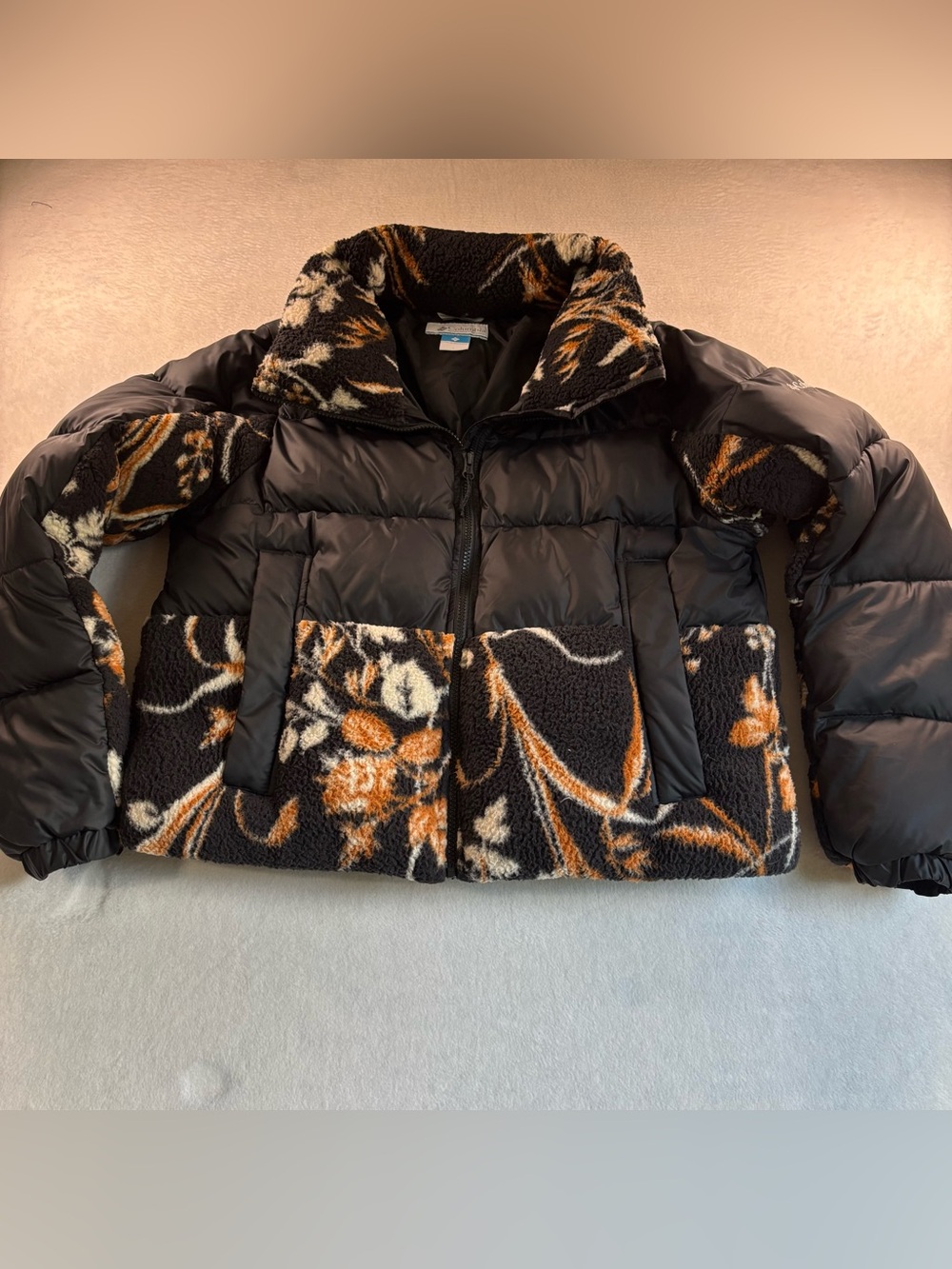 Columbia Black cropped Puffer Jacket with Orange Floral Sherpa Accents